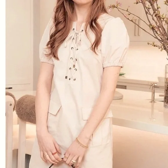 L T D Lace Up Front Slight Puff Short Sleeves Mini Dress. Cream (Stone)  Sz 8 - Picture 3 of 11